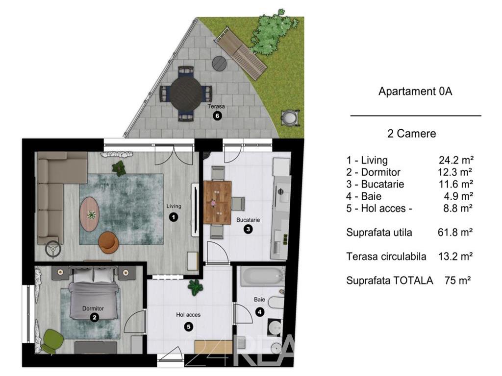Vanzare apartament 2 camere Parter - cu terasa si gradina
