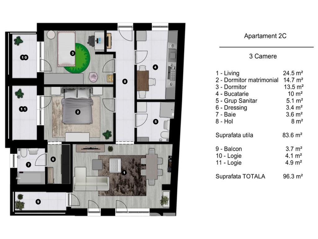 Vanzare apartament 3 camere bloc nou - etajele 1 si 2 - vedere fata